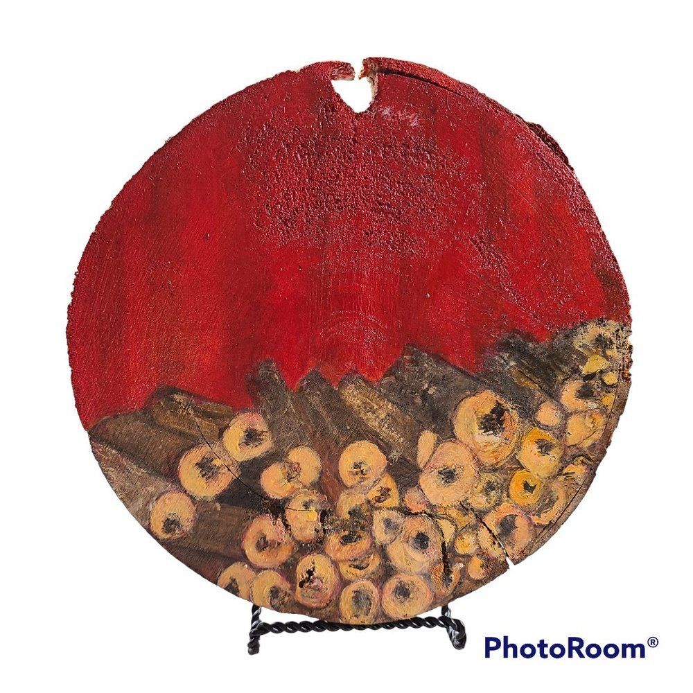 Stacked Wood Painted On 7.25" Wood Disc - Abstract Art - Yellow, Red Handpainted